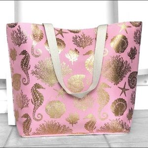Women’s tote beach bag gold foil seashells on pink background